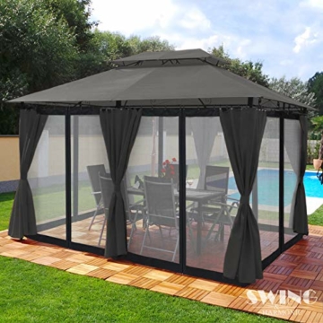 Luxus LED - Pavillon 3x4m Minzo - inkl. Seitenwände mit LED Beleuchtung + Solarmodul Designer Gartenpavillon optional mit Moskitonetz Gartenzelt Partyzelt (mit Moskitonetz, anthrazit) - 5