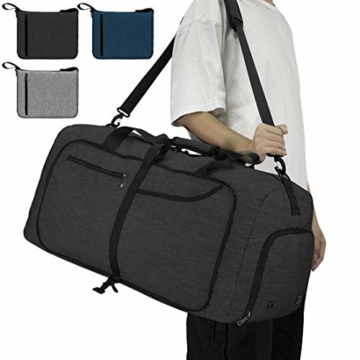 NEWHEY Reisetasche Groß 65L Faltbare Reisetaschen Leichte Sporttasche für männer mit Schuhfach für Weekender Herren Damen Duffel Taschen Schwarz - 1