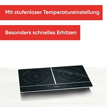 SEVERIN Doppel Kochplatte Induktion für Küche, Büro oder Camping, Hochwertige Herdplatte mit stufenloser Temperatureinstellung, Campingkocher für zwei Töpfe, schwarz, 3.400 W, DK 1031 - 2