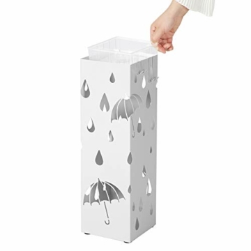 SONGMICS Regenschirmständer aus Metall, quadratischer Schirmständer, Wasserauffangschale herausnehmbar, mit Haken, 15,5 x 15,5 x 49 cm, weiß LUC49W - 5