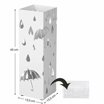 SONGMICS Regenschirmständer aus Metall, quadratischer Schirmständer, Wasserauffangschale herausnehmbar, mit Haken, 15,5 x 15,5 x 49 cm, weiß LUC49W - 7