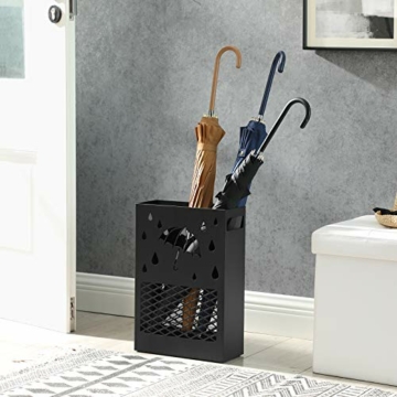 SONGMICS Regenschirmständer aus Metall, Schirmständer, rechteckig, mit einer herausnehmbaren Wasserauffangschale, 4 Haken, Cutout-Design, für den Flur und das Büro, schwarz LUC004B01 - 3