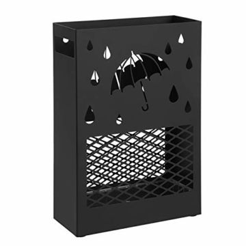 SONGMICS Regenschirmständer aus Metall, Schirmständer, rechteckig, mit einer herausnehmbaren Wasserauffangschale, 4 Haken, Cutout-Design, für den Flur und das Büro, schwarz LUC004B01 - 1