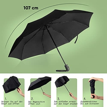 Villkin Regenschirm sturmfest mit Auf-Zu-Automatik - robuster und hochwertiger Regenschirm in schwarz für Damen und Herren - 107cm breiter Taschenregenschirm - 2