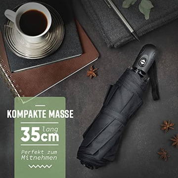 Villkin Regenschirm sturmfest mit Auf-Zu-Automatik - robuster und hochwertiger Regenschirm in schwarz für Damen und Herren - 107cm breiter Taschenregenschirm - 7