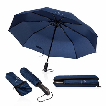 VON HEESEN® Regenschirm sturmfest bis 140 km/h - inkl. Schirm-Tasche & Reise-Etui - Taschenschirm mit Auf-Zu-Automatik, klein, leicht & kompakt, Teflon-Beschichtung, windsicher, stabil (Blau) - 1