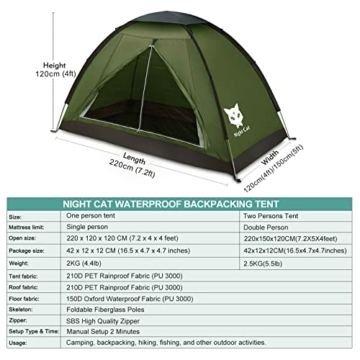 Night Cat Campingzelt für 1 2 Person Mann Zelte wasserdichte Rucksackzelte Einfache Einrichtung Leichtgewichtig für Wanderungen im Hinterhof - 5