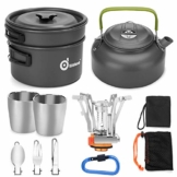 Odoland Camping Kochgeschirr Set 11-teiliges Outdoor Kochgeschirr mit Mini Gaskocher Tragbar Aluminium Topf 0.8L Teekessel 2 Tassen Faltbare Besteck Camping Kochset für Outdoor Picknick Wandern - 1