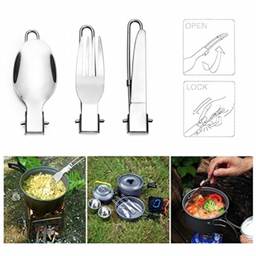 Odoland Camping Kochgeschirr Set 11-teiliges Outdoor Kochgeschirr mit Mini Gaskocher Tragbar Aluminium Topf 0.8L Teekessel 2 Tassen Faltbare Besteck Camping Kochset für Outdoor Picknick Wandern - 5