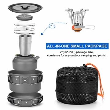 Odoland Camping Kochgeschirr Set 11-teiliges Outdoor Kochgeschirr mit Mini Gaskocher Tragbar Aluminium Topf 0.8L Teekessel 2 Tassen Faltbare Besteck Camping Kochset für Outdoor Picknick Wandern - 6