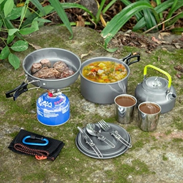 Odoland Camping Kochgeschirr Set 11-teiliges Outdoor Kochgeschirr mit Mini Gaskocher Tragbar Aluminium Topf 0.8L Teekessel 2 Tassen Faltbare Besteck Camping Kochset für Outdoor Picknick Wandern - 8