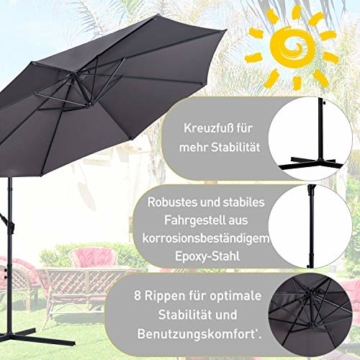 Outsunny Sonnenschirm Ampelschirm Kurbelschirm mit Handkurbel Rund, Stahlbogenstäbe und Stahl-Stehstäbe, Polyestergewebe, Grau, Ø3 x 2,5H m - 3