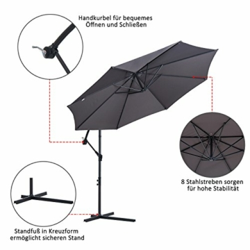 Outsunny Sonnenschirm Ampelschirm Kurbelschirm mit Handkurbel Rund, Stahlbogenstäbe und Stahl-Stehstäbe, Polyestergewebe, Grau, Ø3 x 2,5H m - 4