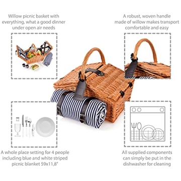 Sänger | Picknickkorb Sylt, 24-teiliges Komplettset für 4 Personen, Picknickkorb Groß, Picknick Decke & Geschirr - 2