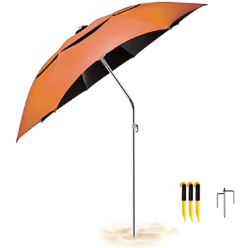 Sonnenschirm Strandschirm,1.8M Strandschirm Orange mit Sandanker und Kippmechanismus,Kohlefaser Sonnenschutz UV 50+ mit Tragetasche für Terrasse, Pool, Strand im Freien - 1