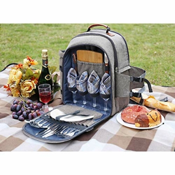 Sunflora Picknickrucksack 4 Personen Picknickset mit Isoliertem Kühlfach und Decke für Camping Outdoor (Beige) - 2