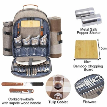 Sunflora Picknickrucksack 4 Personen Picknickset mit Isoliertem Kühlfach und Decke für Camping Outdoor (Beige) - 3