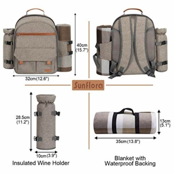 Sunflora Picknickrucksack 4 Personen Picknickset mit Isoliertem Kühlfach und Decke für Camping Outdoor (Beige) - 6