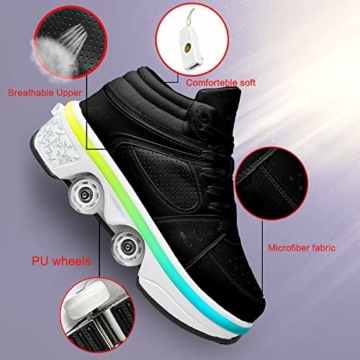 HealHeatersⓇ Schuhe Mit Rollen 2 in 1 Multifunktionale 4 Rad Rollschuhe Verformung Schuhe 7-Farbwechsel Lichtleiste Verstellbare USB Wiederaufladbar Für Männer Frauen,Schwarz,40 - 5