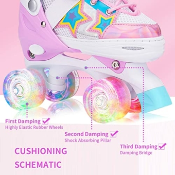Outify Rollschuhe Kinder für Mädchen Verstellbar - mit Led Leuchtenden Rädern, 4 Rollen Roller Skates, Komfortabel und Atmungsaktiv, Geeignet für Anfänger - 3