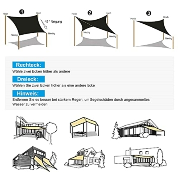 OKAWADACH Sonnensegel Rechteckig 2x3m, 95% UV Schutz Polyester Sonnensegel Wasserdicht inkl Befestigungsseile Sonnensegel Sonnenschutz für Garten Balkon und Terrasse, HellGrau - 7