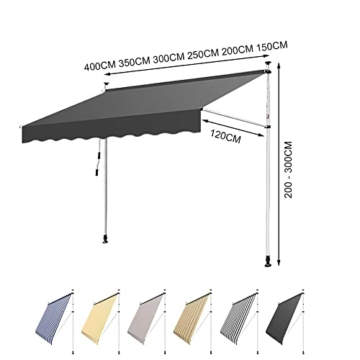 Yakimz Klemmmarkise mit Handkurbel Balkon, Balkonmarkise ohne Bohren, Markise höhenverstellbar UV-beständig Sonnenschutz wasserabweisend, einfache Montage 300x120x200-300cm Grau - 7