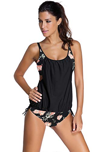 Aleumdr Tankini Set Damen Badeanzug Bauchweg Tankini Damen Push up mit Bügel Tankinis für Damen Tankini Oberteil mit Badeshorts Zweiteiler Bademode Bikini Set High Waist Beachwear Swimsuits Schwarz M - 2