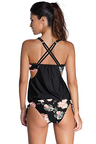 Aleumdr Tankini Set Damen Badeanzug Bauchweg Tankini Damen Push up mit Bügel Tankinis für Damen Tankini Oberteil mit Badeshorts Zweiteiler Bademode Bikini Set High Waist Beachwear Swimsuits Schwarz M - 3