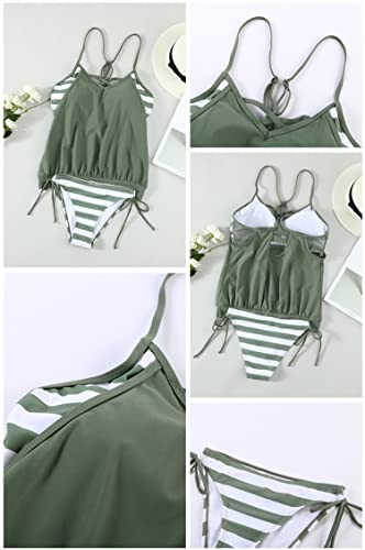 Aleumdr Tankini Set Damen Bauchweg Sportlich Tankinis Damen Zweiteiler Badeanzüge Push up Bademode Set Damen Tankini Oberteil Badebekleidung mit Badeshorts,Grün M - 6