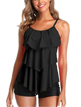 Damen Tankini Volants Badeanzug mit Badeshorts Zwei Teilig Bademode Schwarz L - 1