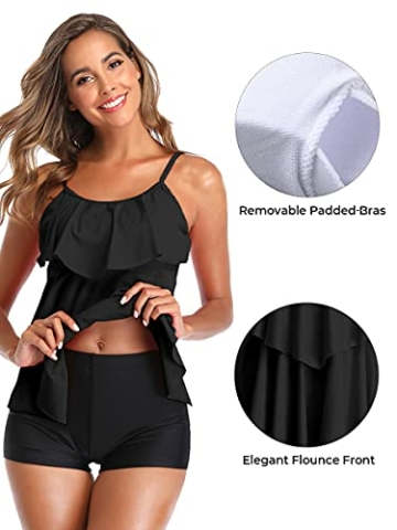 Damen Tankini Volants Badeanzug mit Badeshorts Zwei Teilig Bademode Schwarz L - 2