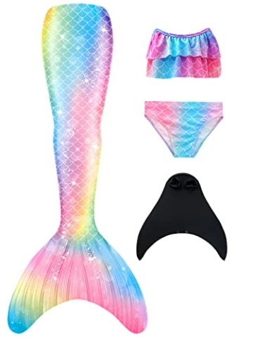 DNFUN Meerjungfrauenflosse Mädchen Meerjungfrauenschwanz zum Schwimmen mit Bikini mit meerjungfrau Flosse für Kinder,4 Stück Set - 1