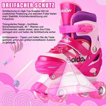 Kinder Rollschuhe Verstellbar LED für Mädchen Jungen, Soldow Roller Skates mit Leucht PU Räder für Anfänger, Bequem | Atmungsaktiv | Dreifach Schutz, Einstellbare Größe 30-37 (Rosa/Blau) - 4