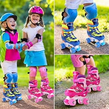 Kinder Rollschuhe Verstellbar LED für Mädchen Jungen, Soldow Roller Skates mit Leucht PU Räder für Anfänger, Bequem | Atmungsaktiv | Dreifach Schutz, Einstellbare Größe 30-37 (Rosa/Blau) - 6