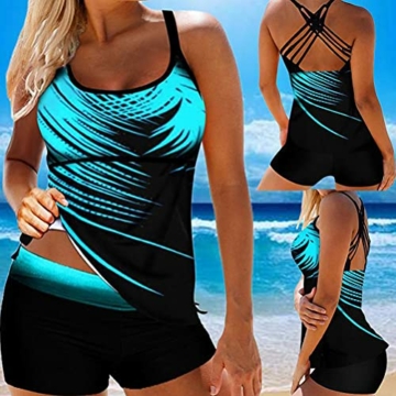 Minetom Tankini Damen Bauchweg Bademode Set Zweiteilig Einstellbarer Badeanzug Strand Schwimmanzug Swimsuits Bikini Tank Top und Shorts A Blau XL - 2