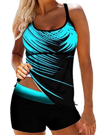 Minetom Tankini Damen Bauchweg Bademode Set Zweiteilig Einstellbarer Badeanzug Strand Schwimmanzug Swimsuits Bikini Tank Top und Shorts A Blau XL - 1
