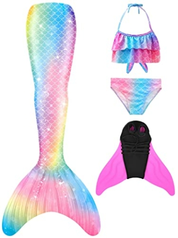 NAITOKE meerjungfrauenflosse mädchen Badeanzug - Meerjungfrau Flosse Bademode mit Bikini Set und Monoflosse Mermaid Tail, 4 Stück Set,XQyfP,130 - 1