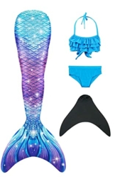 Pyjacos meerjungfrauenflosse mädchen Badeanzug - Meerjungfrau Flosse Bademode mit Bikini Set und Monoflosse Mermaid Tail, 4 Stück Set，blackseG5+46-140 - 1