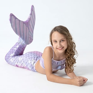 Corimori – Meerjungfrau-Schwimm-Flosse mit Bikini für Kinder, Meerjungfrau Aqua, Meerjungfrauen-Anzug zum Schwimmen, Lila-Kombi Körpergröße bis 160cm - 2
