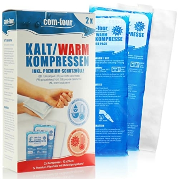 com-four® 2x Große Mehrfach-Kompressen mit Premium Mehrweg Vlieshülle, Kalt und Warm Kompressen mit Gel-Kühlpack Schutzhülle mit Gummiband, 29 x 12 cm - mikrowellengeeignet - Made in Germany - 4