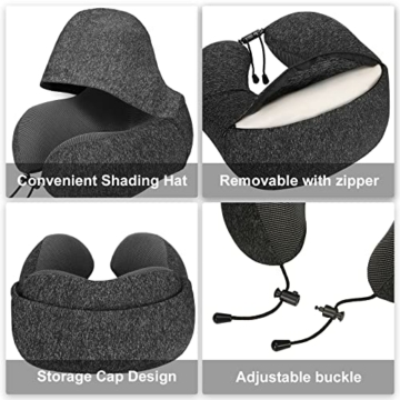Eono Nackenkissen Memory Foam, Reisekissen mit Haube, Bequemes Nackenhörnchen mit Haube für Flugzeug, Auto, Zug, Büro, Nackenkissen Reise zum Schlafen - 4