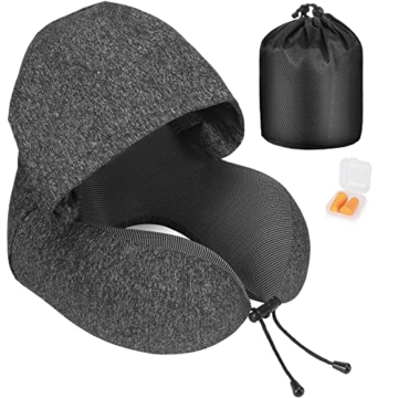 Eono Nackenkissen Memory Foam, Reisekissen mit Haube, Bequemes Nackenhörnchen mit Haube für Flugzeug, Auto, Zug, Büro, Nackenkissen Reise zum Schlafen - 1