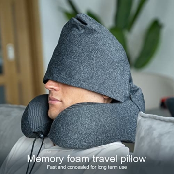 Eono Nackenkissen Memory Foam, Reisekissen mit Haube, Bequemes Nackenhörnchen mit Haube für Flugzeug, Auto, Zug, Büro, Nackenkissen Reise zum Schlafen - 7