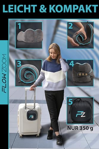 FLOWZOOM Comfy Nackenkissen Flugzeug - Nackenhörnchen Erwachsene - Nackenkissen Auto - Reisekissen Memory Foam - waschbar mit schmalem Rückenteil (samtweich & atmungsaktiv) - einstellbar, grau - 6