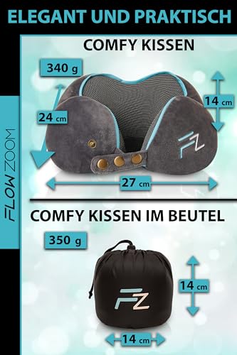 FLOWZOOM Comfy Nackenkissen Flugzeug - Nackenhörnchen Erwachsene - Nackenkissen Auto - Reisekissen Memory Foam - waschbar mit schmalem Rückenteil (samtweich & atmungsaktiv) - einstellbar, grau - 7