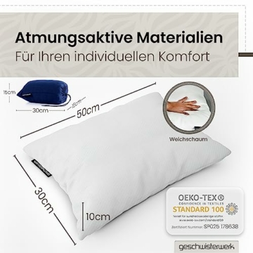 geschwisterwerk komprimierbares Reisekissen - Nackenstützkissen aus zerkleinertem Memoryschaum - passend für Bezüge 30x50cm - kleines Kissen für Reisen im Auto, Flugzeug, Camping, Hotel, Wandern - 3