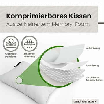 geschwisterwerk komprimierbares Reisekissen - Nackenstützkissen aus zerkleinertem Memoryschaum - passend für Bezüge 30x50cm - kleines Kissen für Reisen im Auto, Flugzeug, Camping, Hotel, Wandern - 4