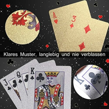 Joyoldelf 2 Stück Spielkarten, Wasserfeste Pokerkarten mit Geschenkbox,Familienparty Spiel Playing Cards (Goldfolie & Silberfolie) - 6