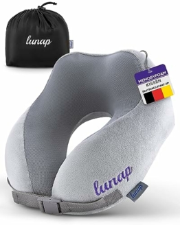 lunap Reisekissen Flugzeug | Nackenkissen Memory Foam atmungsaktiv + waschbar | Nackenhörnchen Erwachsene | Nackenkissen Flugzeug, Auto | Travel Pillow Neck GRAU | Flugzeug Reise Flugzeug - 1