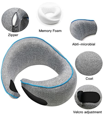 OUGEP Reisekissen Nackenkissen,Nackenkissen Flugzeug& Auto Travel Pillow,Weiches Memory Foam Baumwolle Kissenüberzug Maschinenwaschbar Nackenhörnchen Nackenstützkissen für Flugzeug,Auto,Büro Camping - 3